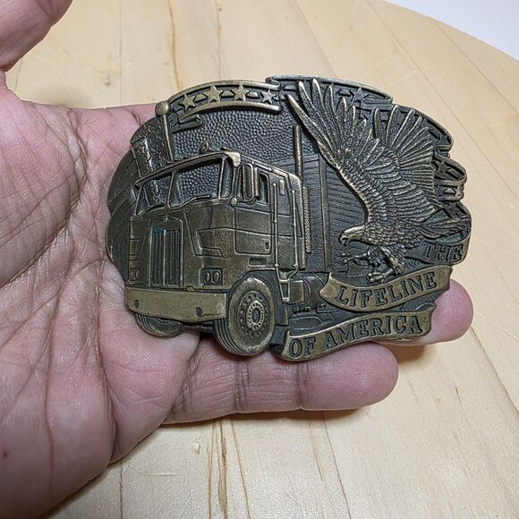 Vintage Solid Brass "The Life Line Of America" Truckers Belt Buckle Flying Eagle - Picture 1 of 10